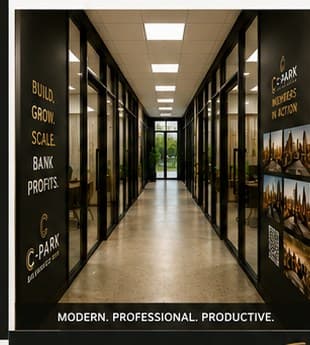C-Park Business Hub hallway — modern, professional, productive